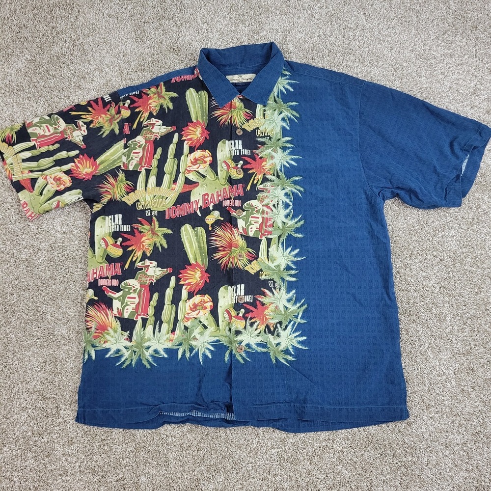 Tommy Bahama Mens Large Navy AOP Cactus‎ Hawaiian Camp SS 100% Silk